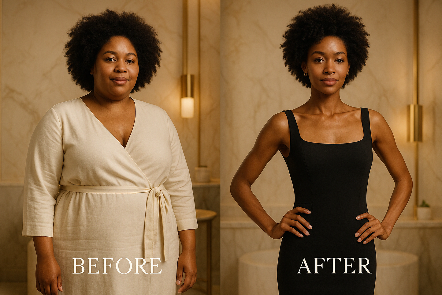a before and after photo highlights the body transformation achieved with the weight loss product. in the "before" image, the black woman has a big rounder shape, while in the "after" image, they look slimmer, more toned and confident showcasing the visible results of the treatment. the overall mood should feel like a luxury advertisement , elegant confident and effortlessly sophisticated.