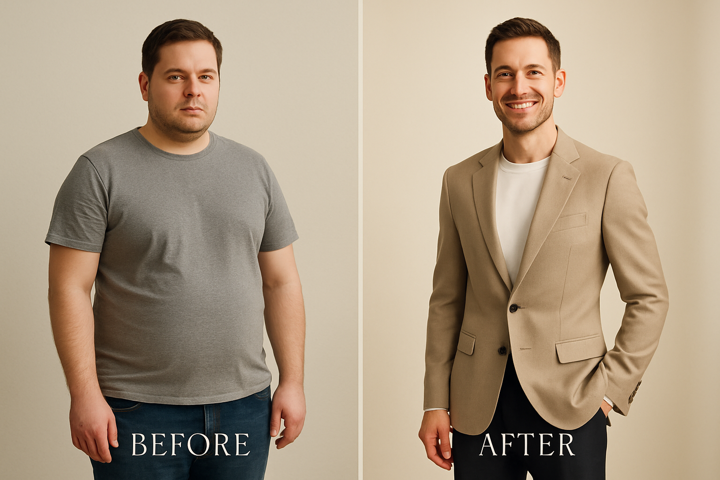 a before and after photo highlights the body transformation achieved with the weight loss product. in the "before" image, the man has a big rounder shape, while in the "after" image, they look slimmer, more toned and confident showcasing the visible results of the treatment. the overall mood should feel like a luxury advertisement , elegant confident and effortlessly sophisticated.