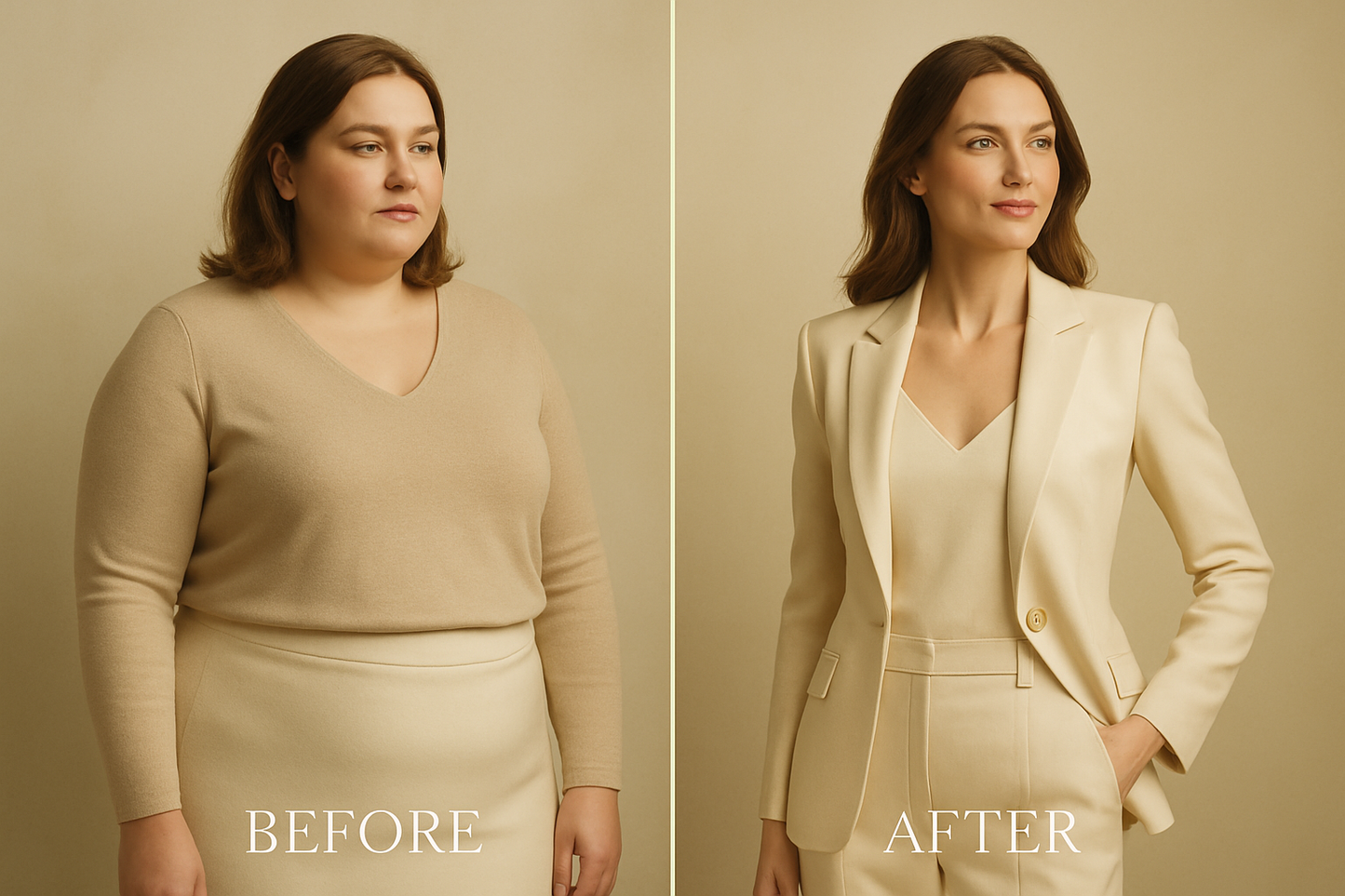 a "before" and "after" photo highlights the body transformation achieved with the weight loss product. in the "before" image, the person has a big rounder shape, while in the "after" image, they look slimmer more toned and confident showcasing the visible results of the treatment. the overall mood should feel like a luxury advertisement elegant confident and effortlessly sophisticated.