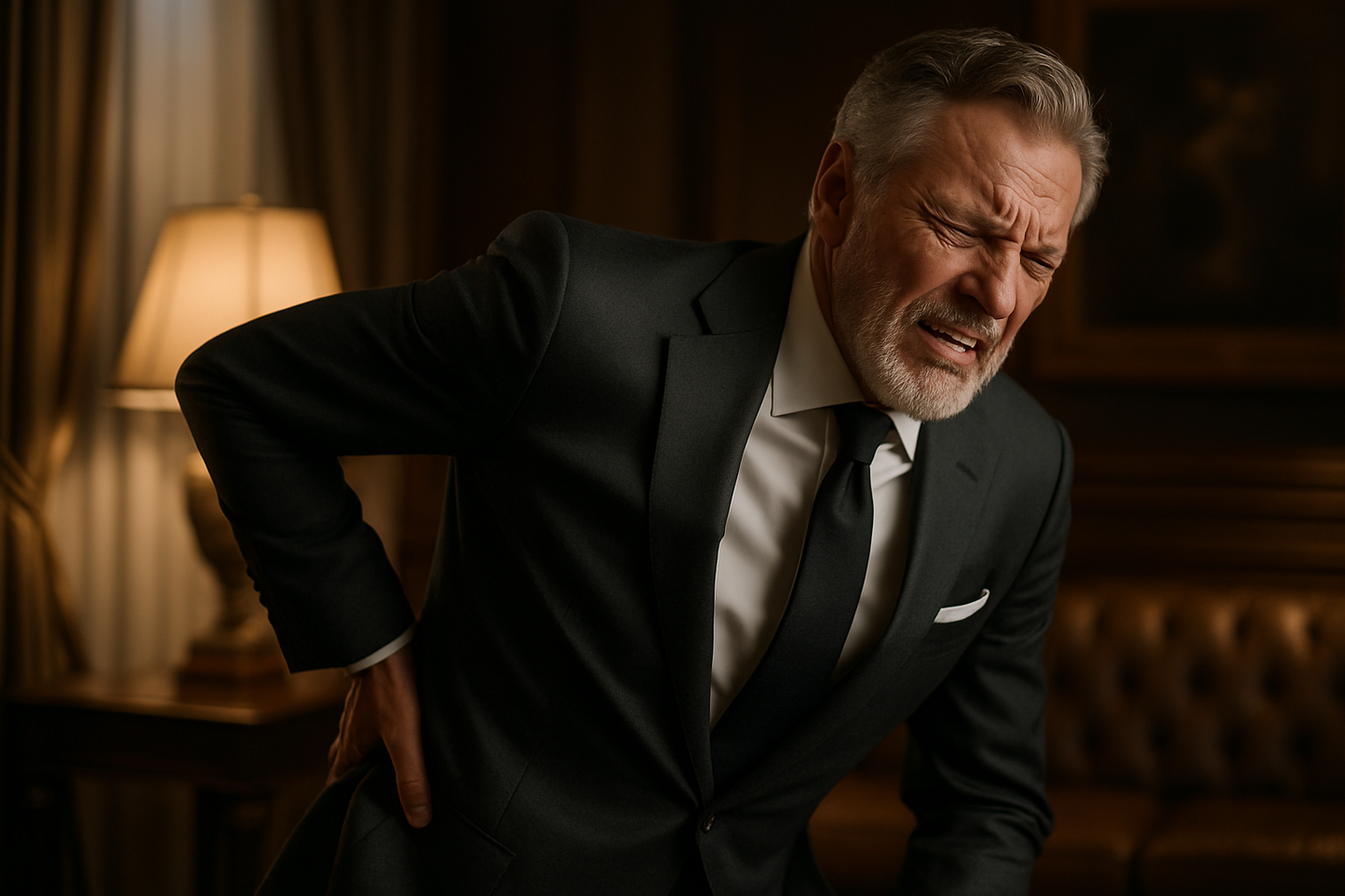 a man holding their lower back with on hand , wincing in pain, face tense and grimacing, detailed facial expression .visible discomfort. the overall mood should feel like a luxury advertisement, elegant, confident and effortlessly sophisticated.