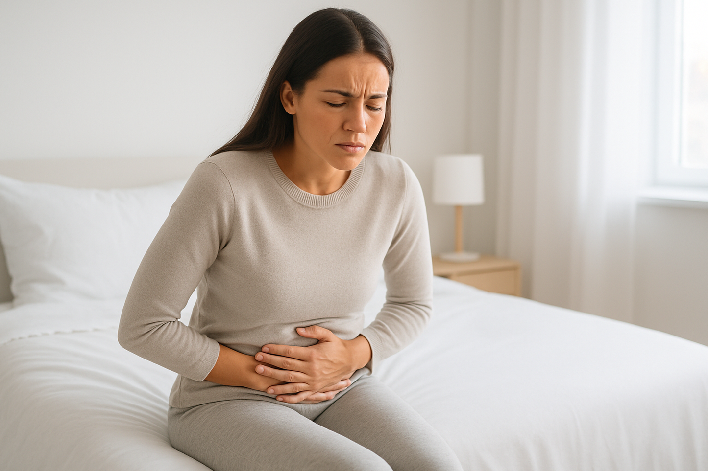 a woman is sitting on the bed with a pained expression, holding her lower abdomen with both hands, indicating abdominal discomfort likely related to cramps. creating a clean and professional atmosphere, suitable for a health or wellness advertisement.