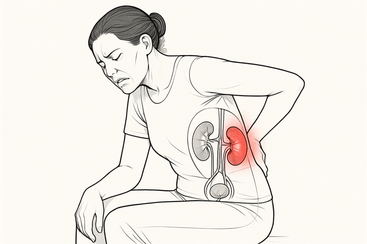 a woman sitting figure highlighting kidney stone pain, the person bent slightly forward hand on the lower back, expression of suffering, kidneys area glowing in red, clear anatomical style.