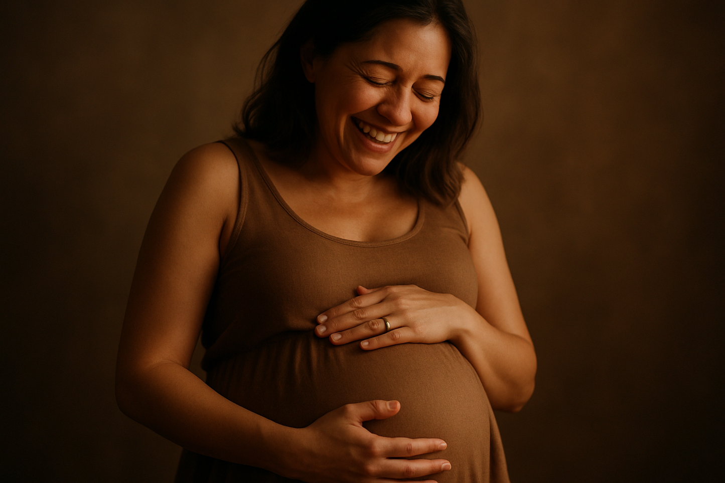 a woman who had lost hope of becoming a mother now celebrates her pregnancy. with her hands above her rounded belly, her gesture radiates affection an protection. creates an elegant and emotional focus on the subject.