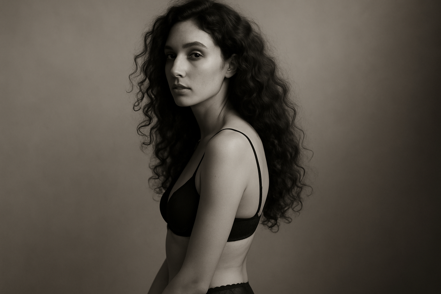 an image of a woman standing in profile, wearing a lingerie set. her long, curly hair frames her face, and her serious expression is directed toward the camera. the neutral background emphasizes her silhouette, creating a clean and elegant visual in a refined artistic style.