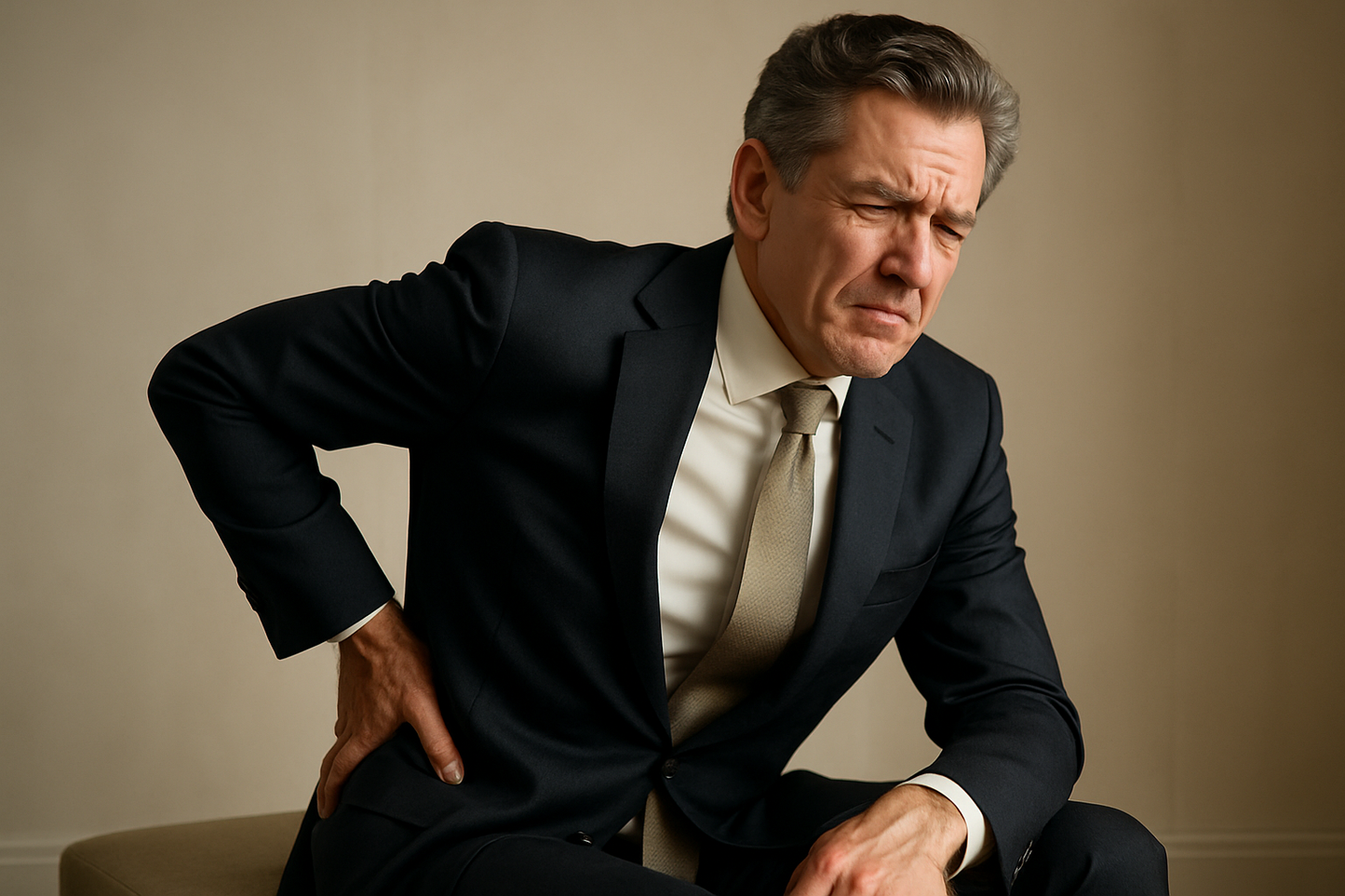an image realistic of an adult person sitting, holding their lower back with one hand wincing in pain, showing kidney stone pain, detailed facial expression realistic. the overall mood should feel like a luxury advertisement, elegant, confident and effortlessly sophisticated.