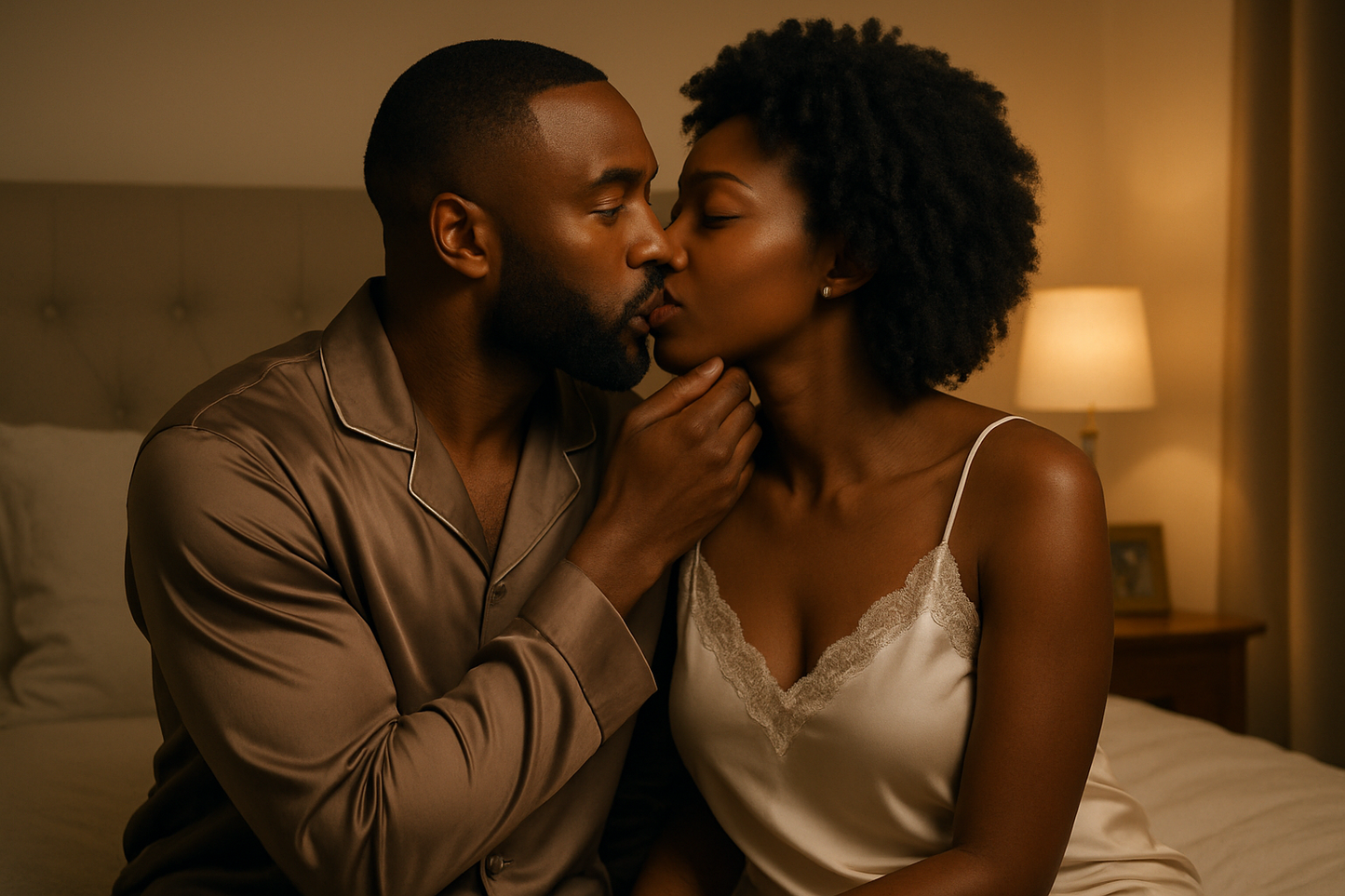 i want an image a sexually satisfied, intimate and romantic black couple to go bed and kissing