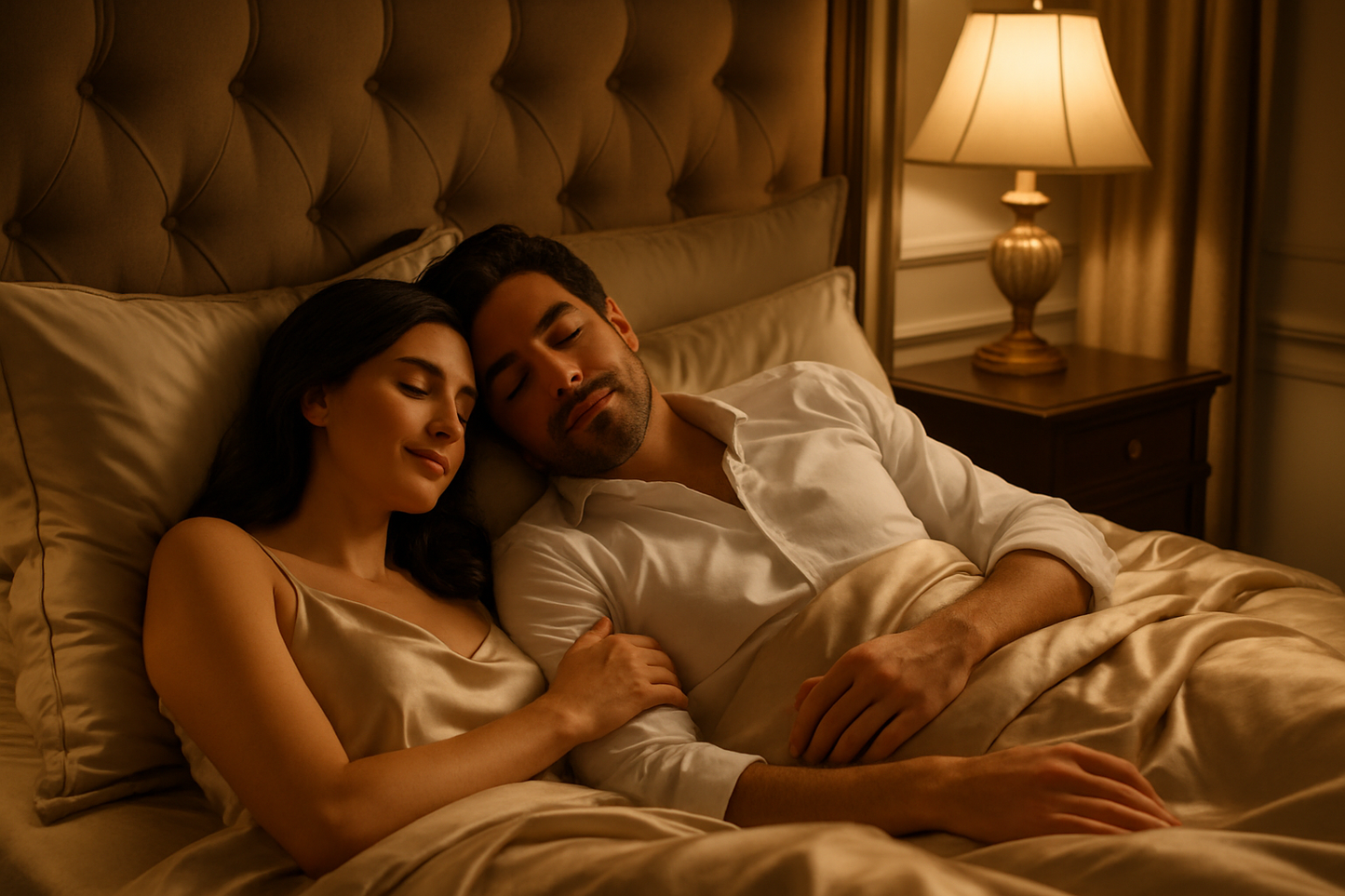 i want an image :A sexually satisfied, intimate, romantic and joyful couple sleep . The overall mood should feel like a luxury, and effortlessly sophisticated.