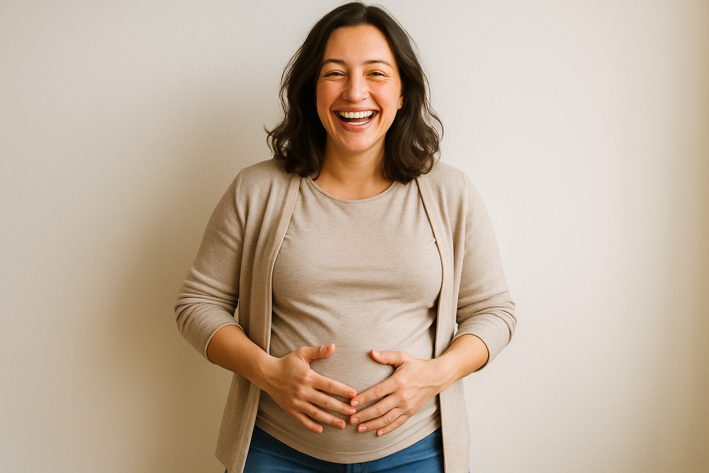 i want an image: a woman is standing of joy expression holding her intimate part with her hands, indicating feel very comfortable.