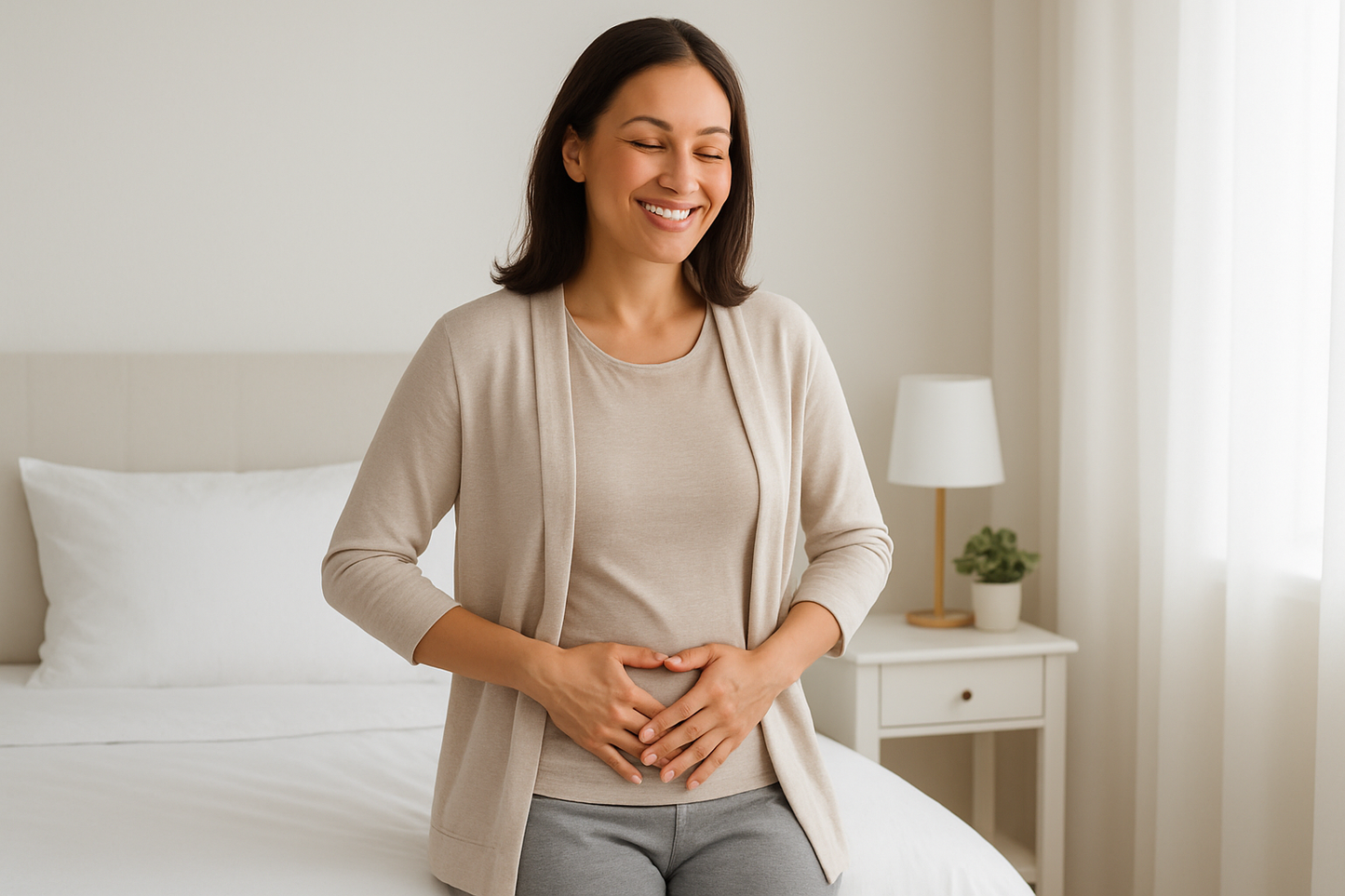 i want an image: a woman standing on the bed of joy expression, holding her private part with her hands, indicating feel very comfortable. the setting is creating a clean and professional atmosphere, suitable for a health or wellness advertisement.