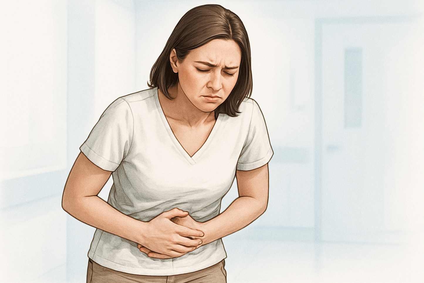 i want an image : depicting a woman holding her lower abdomen with both hands, conveying a clear sing of abdominal discomfort. her posture and facial expression suggest intense pain, typically associated with cramps or menstrual discomfort. the scene should reflect a bright and professional atmosphere. suitable for a medical or healthcare context.