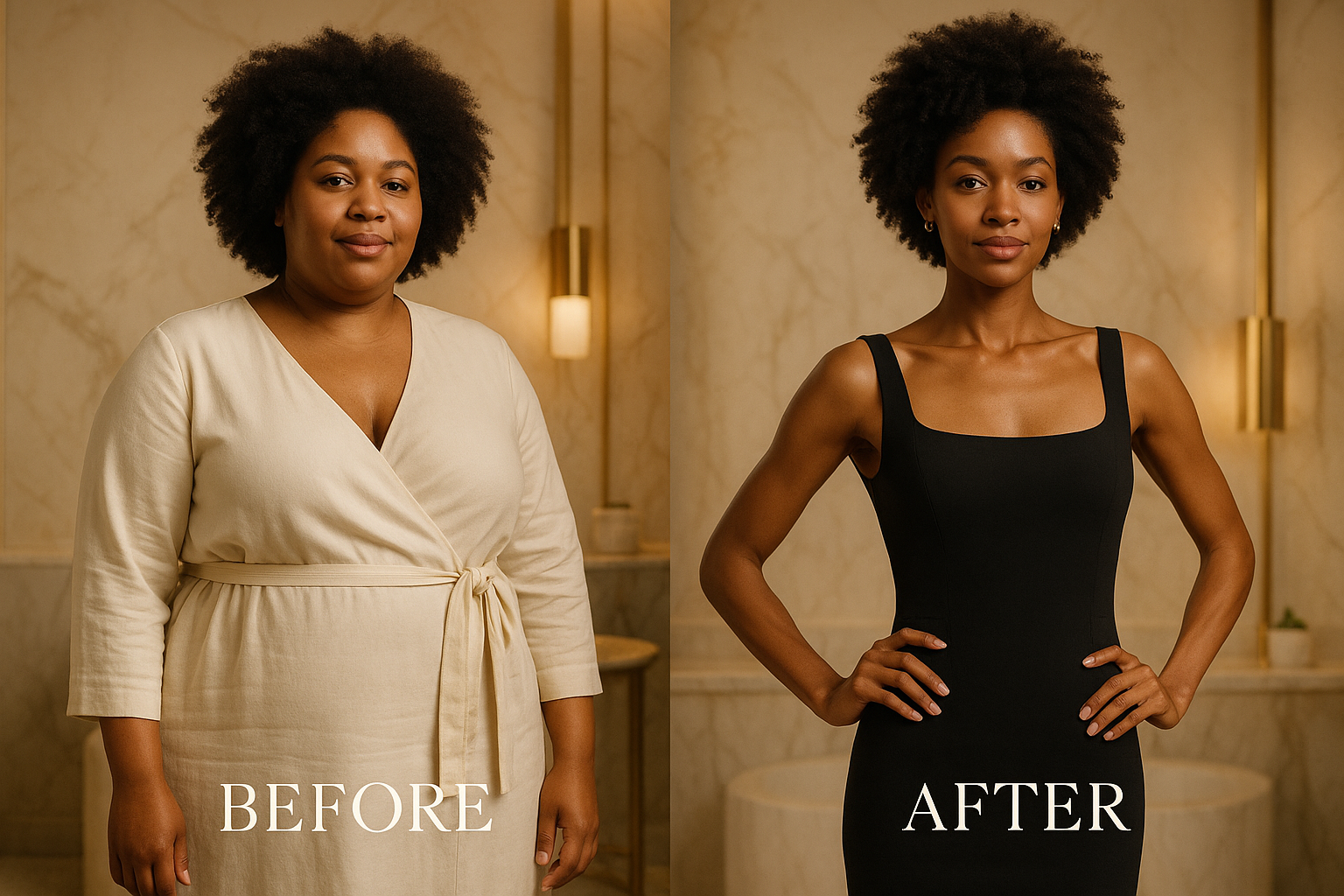 a before and after photo highlights the body transformation achieved with the weight loss product. in the "before" image, the black woman has a big rounder shape, while in the "after" image, they look slimmer, more toned and confident showcasing the visible results of the treatment. the overall mood should feel like a luxury advertisement , elegant confident and effortlessly sophisticated.