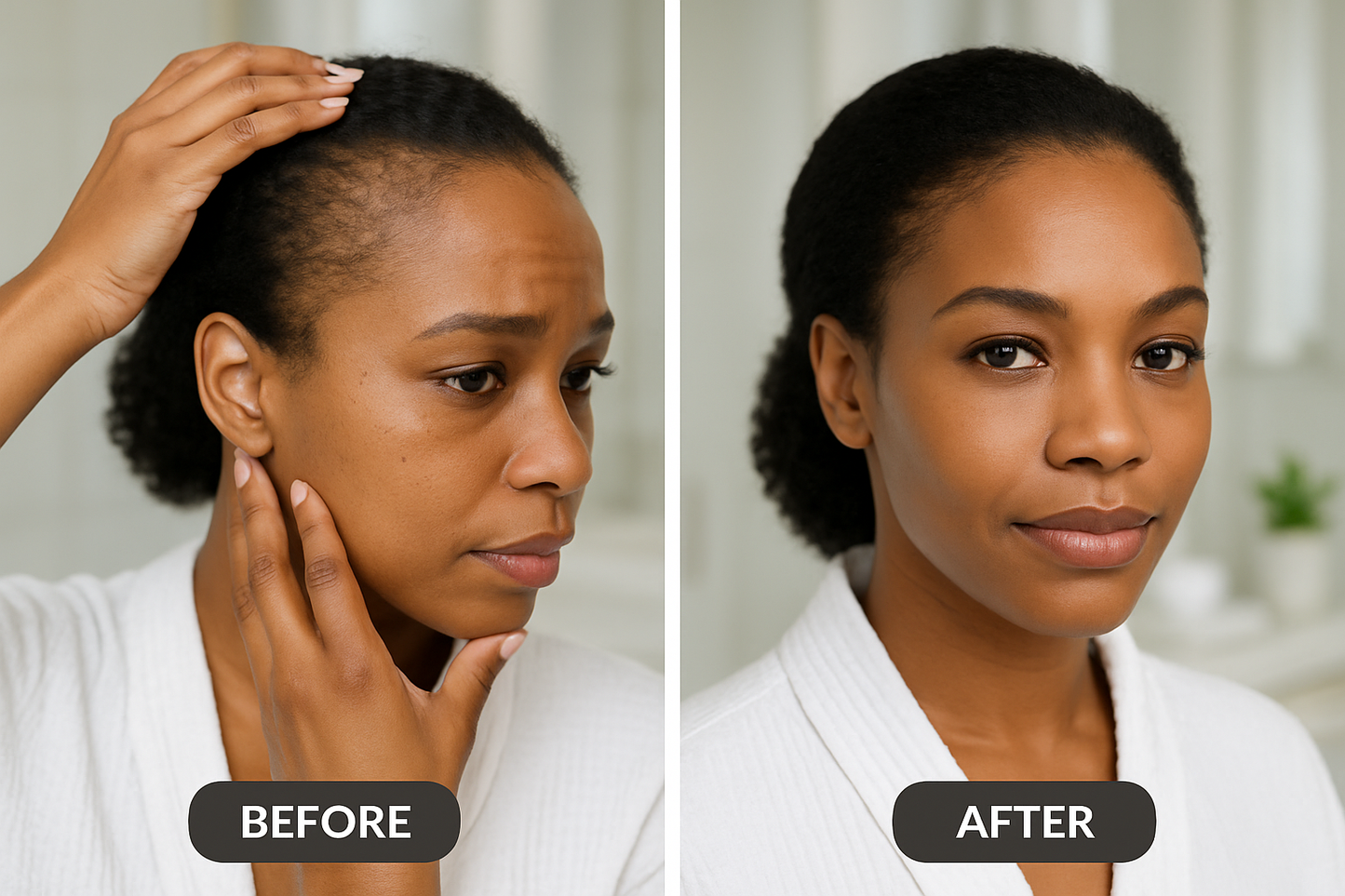 Before and after hair transformation for Black woman with traction alopecia