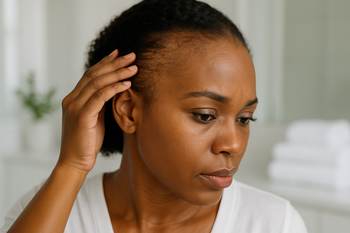 Black woman showing traction alopecia in modern bathroom