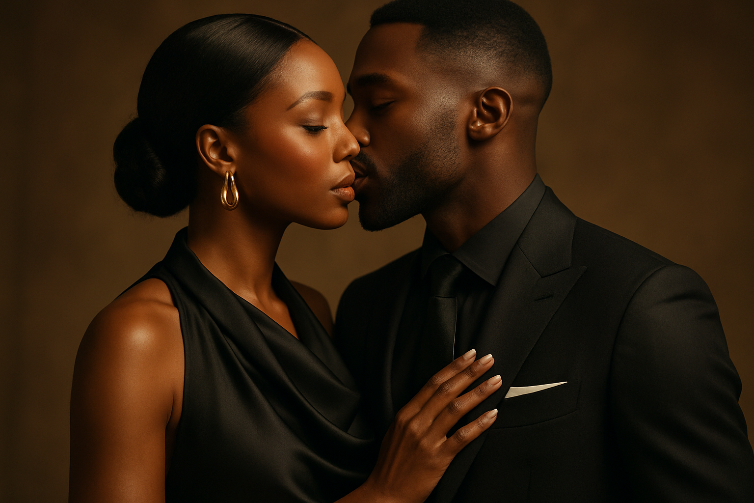 i want an image a sexually satisfied, intimate and romantic black couple kissing. the overall mood should feel like a luxury advertisement elegant, confident and effortlessly sophisticated.