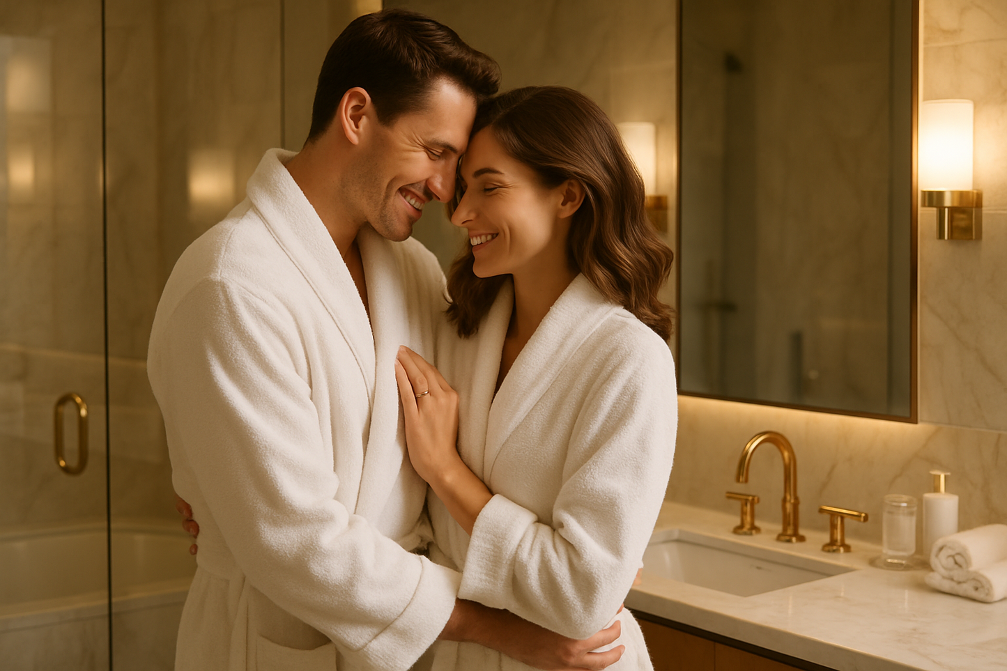 i want an image: a sexually satisfied, intimate, romantic and joyful couple in a modern bathroom. the overall mood should feel like a luxury advertisement elegant, confident and effortlessly sophisticated.