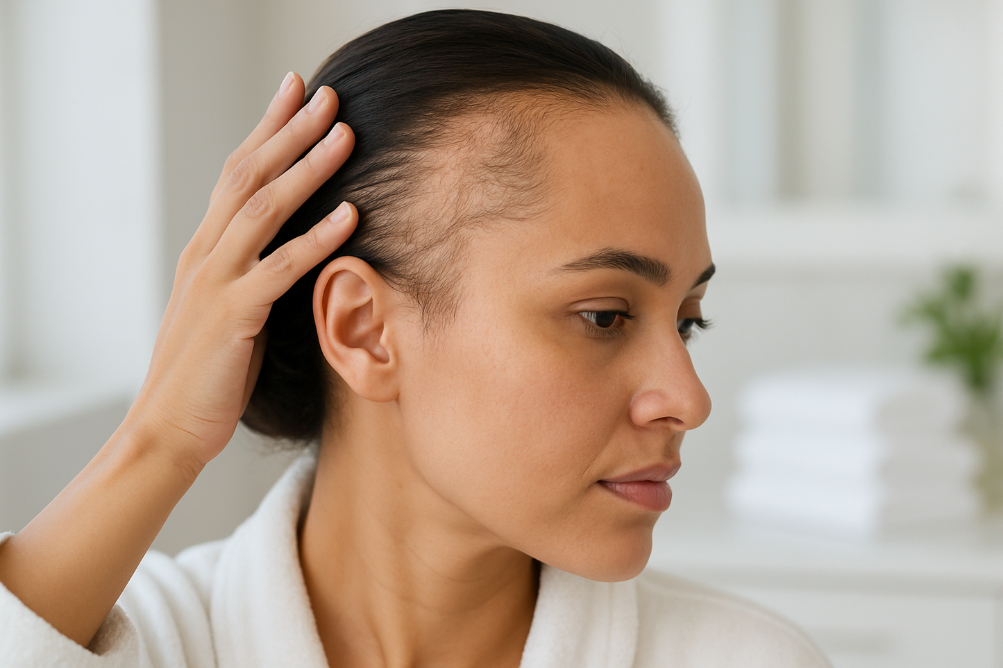 Woman showing traction alopecia in modern bathroom